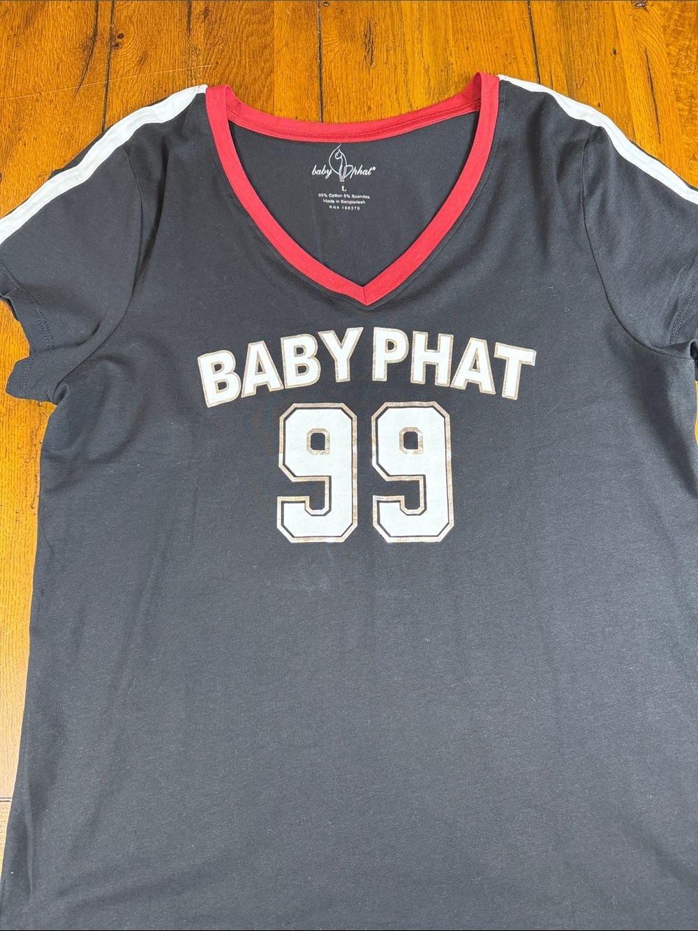 Baby Phat Black V-Neck Baseball Tee with Red Trim Size Large